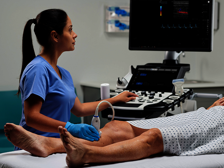 A female doctor is performing a vascular ultrasound exam
