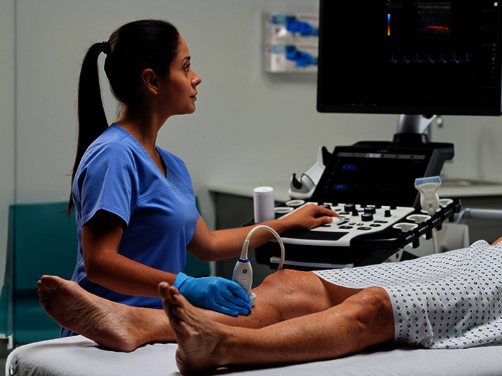 Eine Ärztin führt eine vaskuläre Ultraschalluntersuchung durch