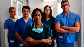 Eine Gruppe Ärzte steht mit verschränkten Armen in einem Krankenhausflur und blickt in die Kamera