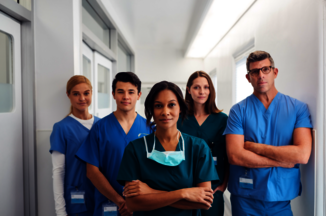 Eine Gruppe Ärzte steht mit verschränkten Armen in einem Krankenhausflur und blickt in die Kamera