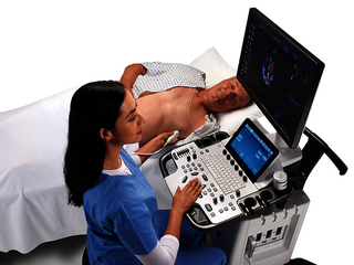 A doctor is performing a cardiac ultrasound exam