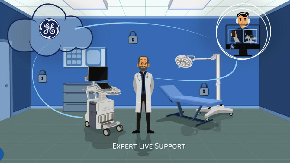 Cartoonbild eines Arztes, der in seiner Praxis neben seinem neuen Ultraschallsystem steht