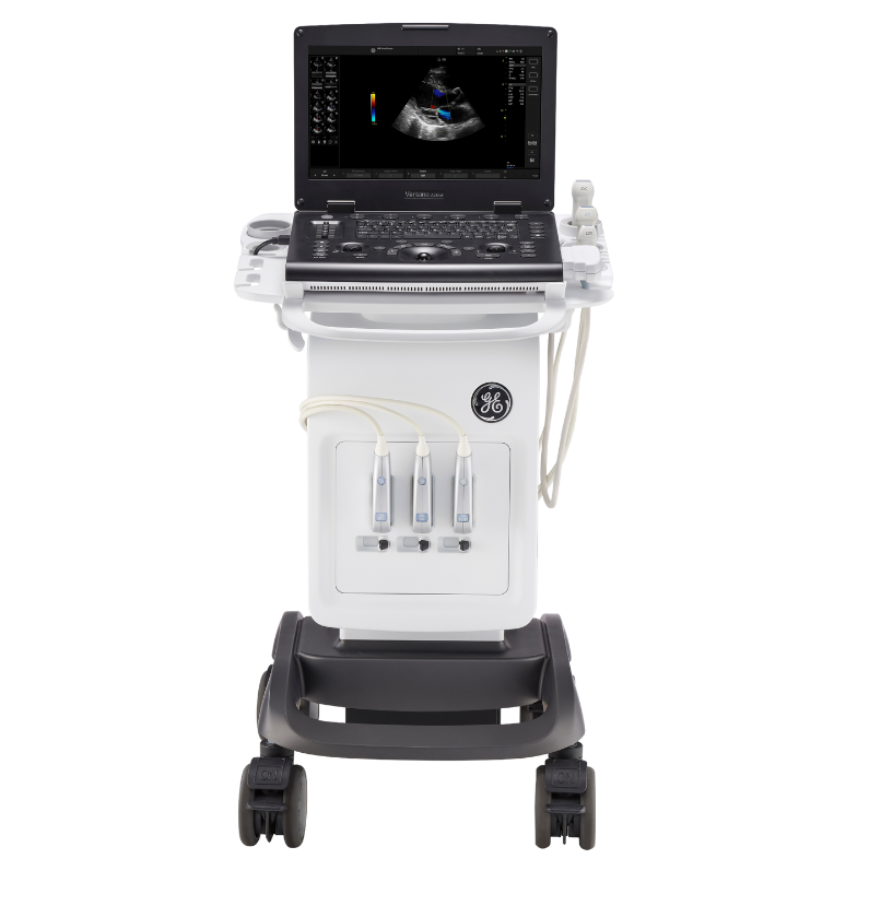Front view of Versana Active ultrasound system added to an optional cart.